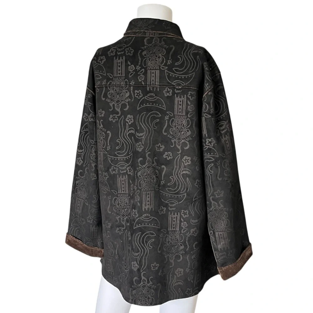 Vintage Chicos Faux Suede Jacket Dark Chocolate Brown Patterned Size Medium M - Picture 2 of 7